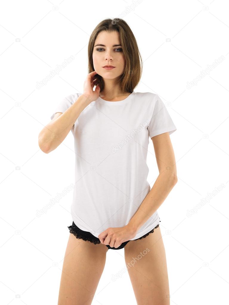 Brunette wearing blank white shirt and panties Stock Photo by ©sumners  61611565