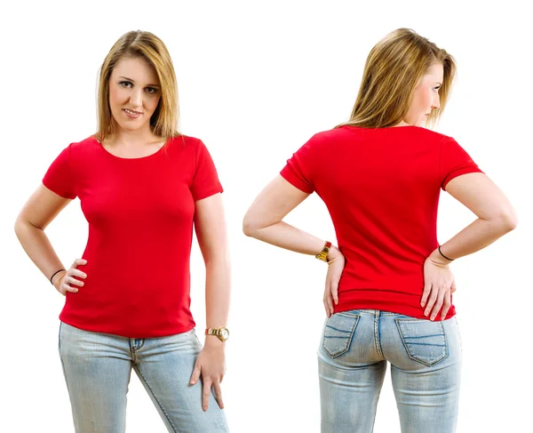 Mulher loira feliz vestindo camisa vermelha em branco — Fotografia de Stock