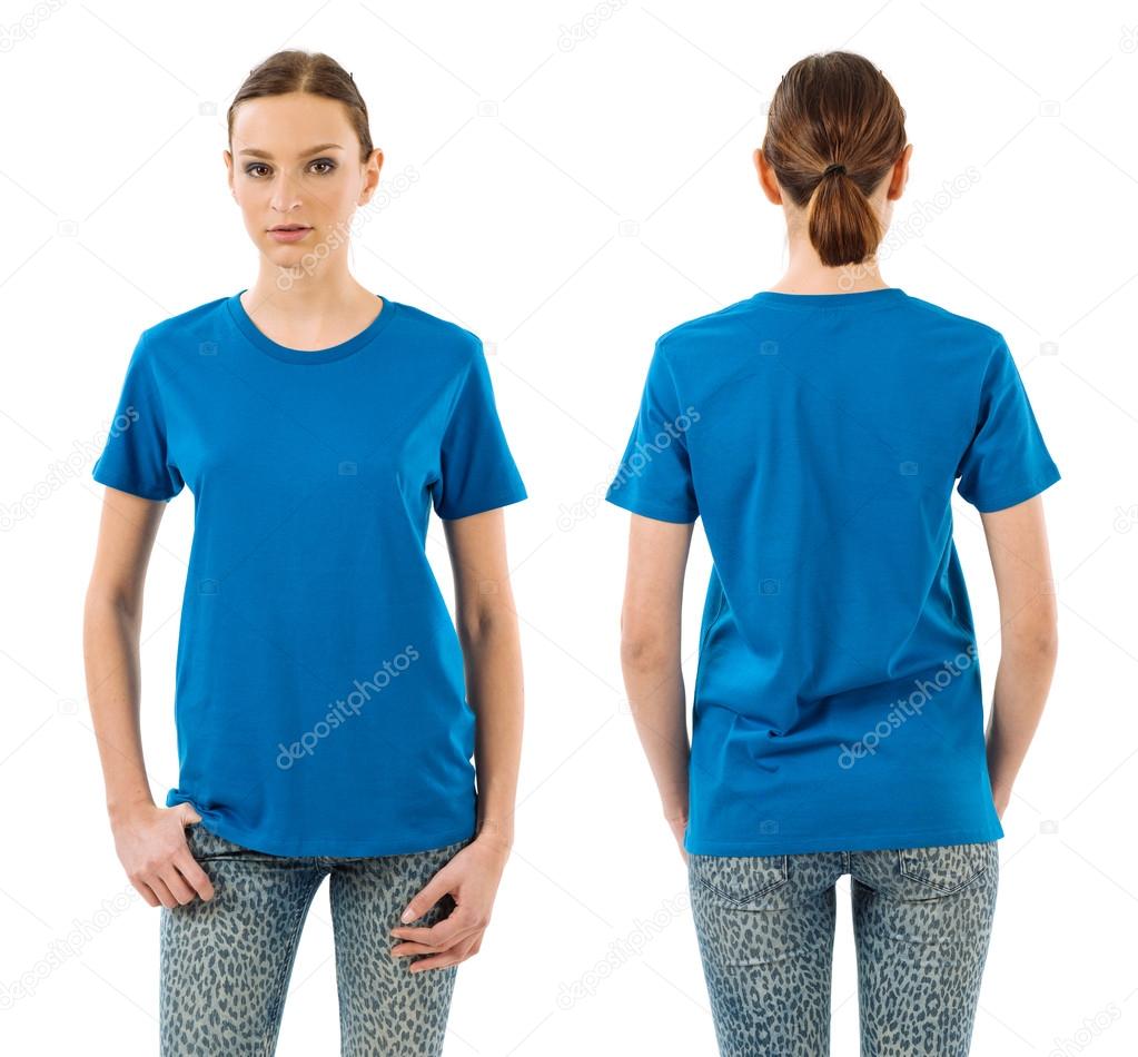 Serious woman with blank blue shirt