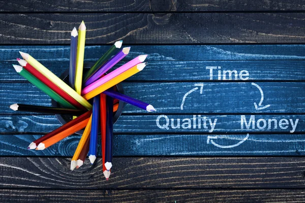 Tiempo de calidad Dinero esquema pintado y grupo de lápices — Foto de Stock
