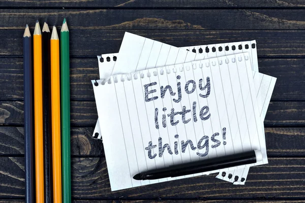 Enjoy little things text on notepad and office tools — Stock Photo, Image