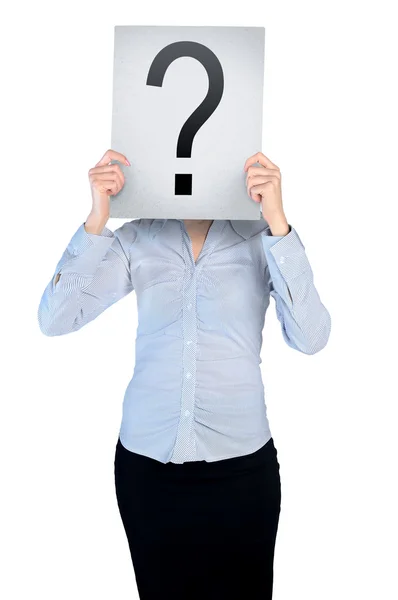 Woman cover face with question board — Stock Photo, Image