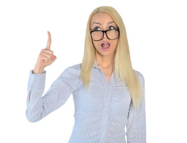 Business woman pointing up shocked