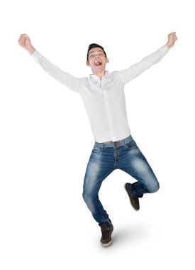 Young man winner hands up