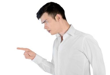 Young man arguing side