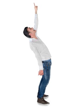 Young man winner pointing up