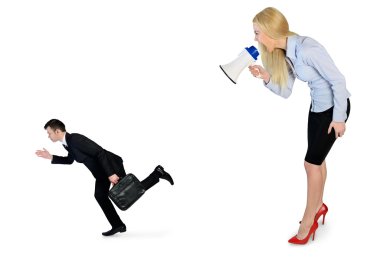 Business woman screaming on megaphone 