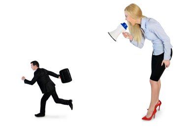 Business woman screaming on megaphone 