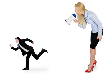 Business woman screaming on megaphone 
