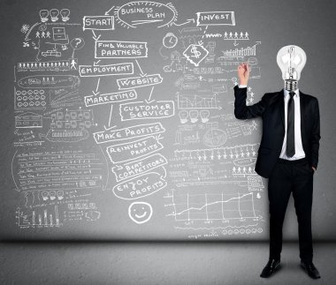 Bulb head man writing business plan