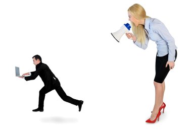 Business woman screaming on megaphone 