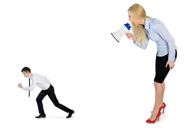 Business woman screaming on megaphone 
