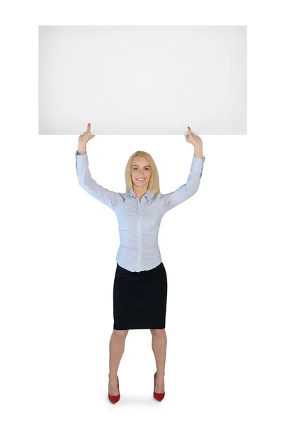 Mujer de negocios presentando banner vacío — Foto de Stock