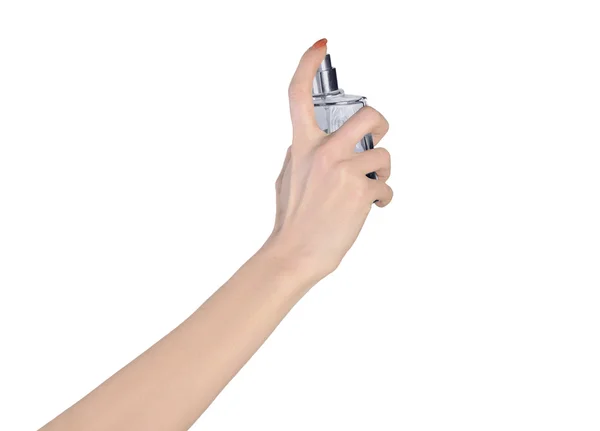 Woman hand holding perfume — 스톡 사진