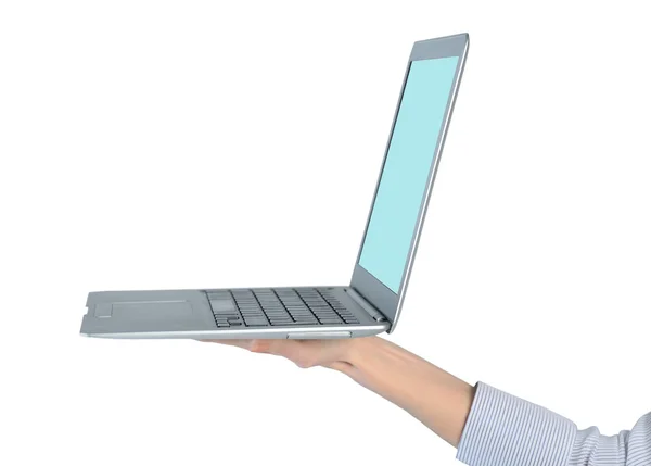 Woman hand holding  laptop — Stok fotoğraf