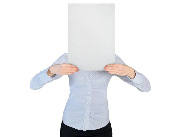 Business woman cover with empty board — Stock fotografie