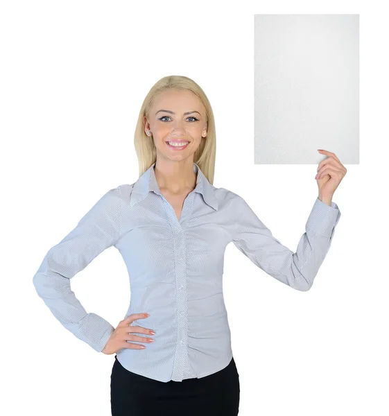 Business woman showing empty paper — ストック写真