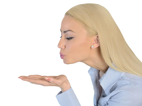 Business woman kiss something — Stock Photo, Image