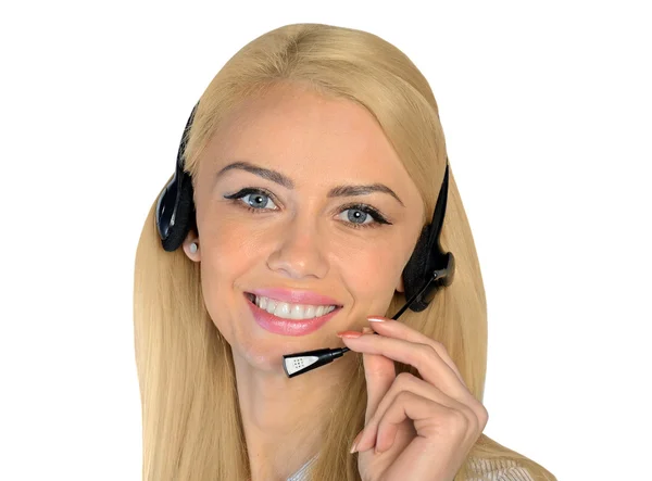 Biznes kobieta ze słuchawkami — Zdjęcie stockowe
