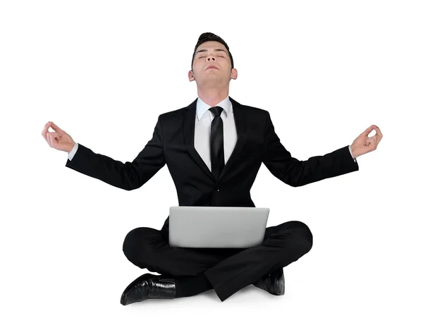 Business man pray with laptop — Stock Photo, Image