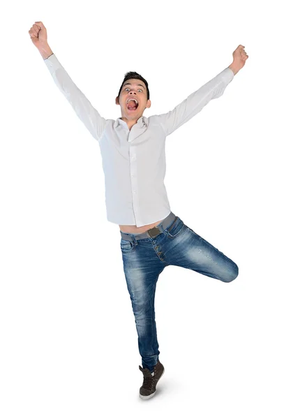 Young man winner hands up — Stock Photo, Image