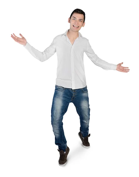 Young man greeting hands up — Stock Photo, Image