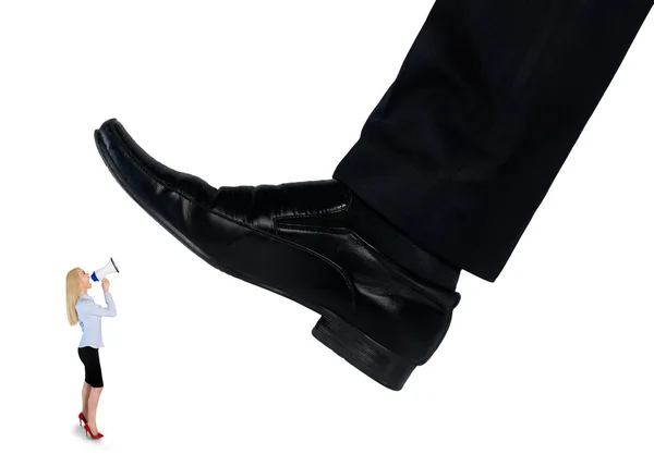 Feet man crushing little business woman — Φωτογραφία Αρχείου