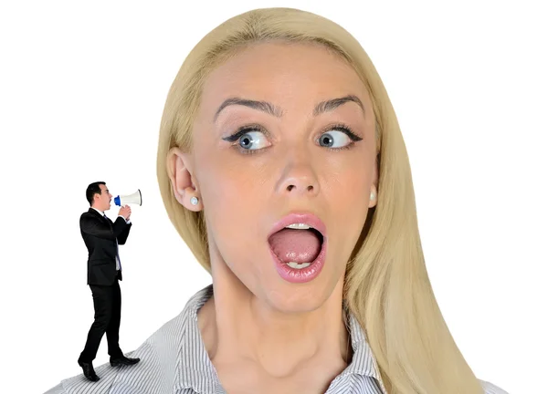 Business woman looking surprised on little man — Stock Photo, Image