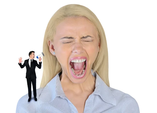 Little business man screaming on woman — Stockfoto