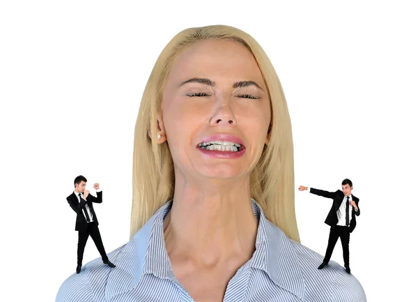 Little business man screaming on stressed woman — Stockfoto