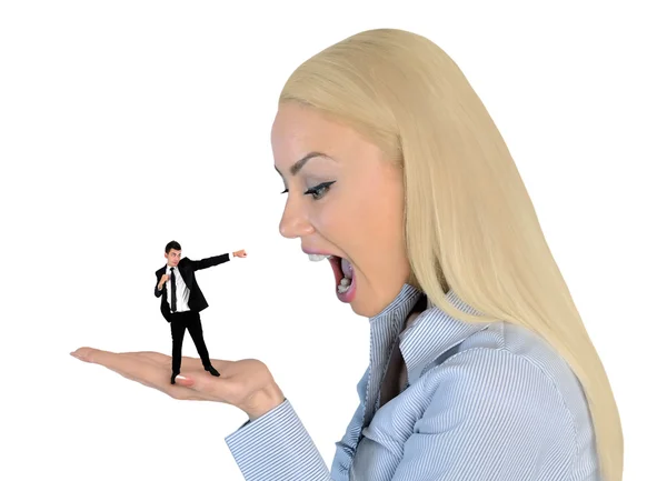 Business woman looking shocked on little man — Stock Photo, Image