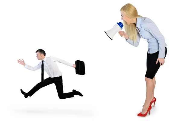 Business woman screaming on megaphone — Stock Photo, Image