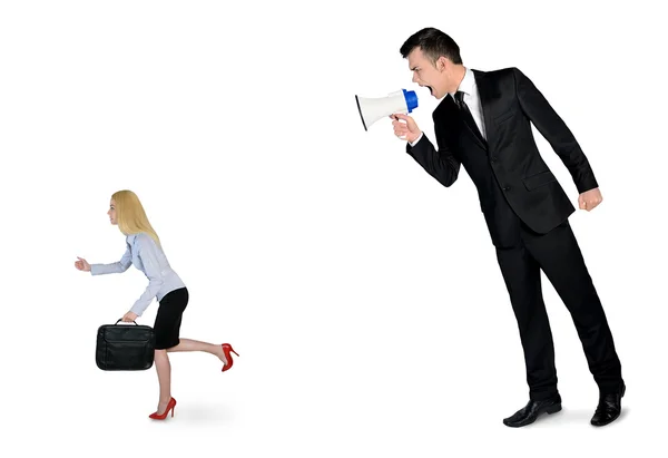 Business man screaming on megaphone — Stock Photo, Image