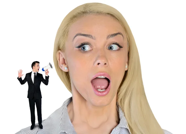 Business woman looking surprised on little man — Stock Photo, Image