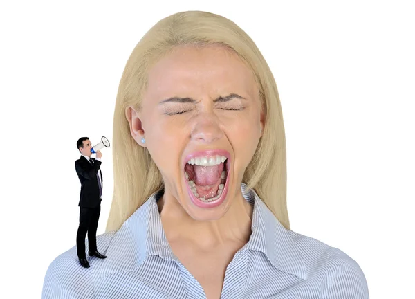 Little business man screaming on woman — Stockfoto