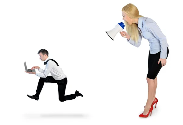 Business woman screaming on megaphone — Stock Photo, Image