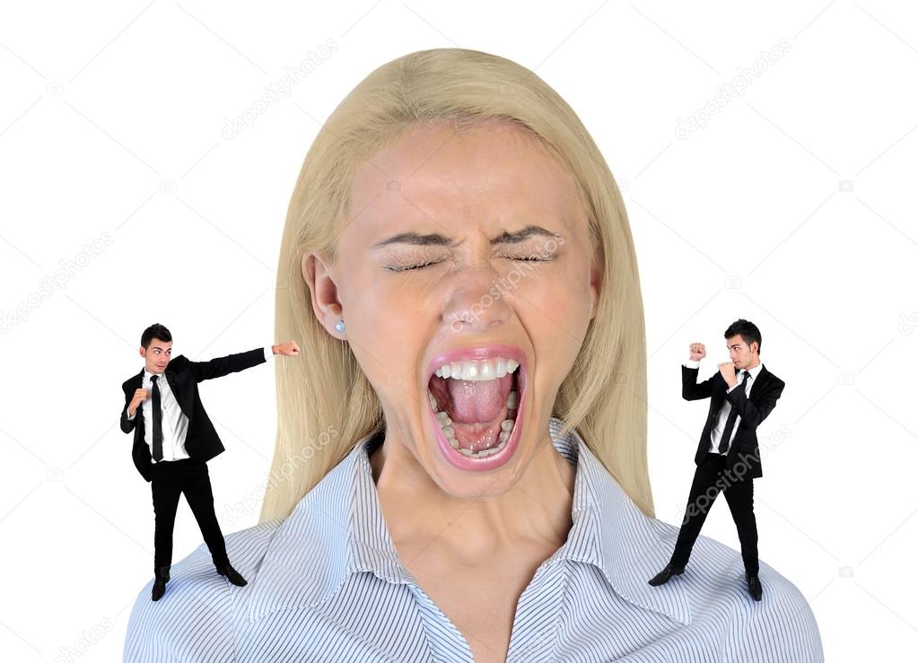 Little business man screaming on stressed woman