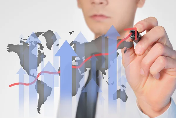 Business man writing world graph — Stock Photo, Image