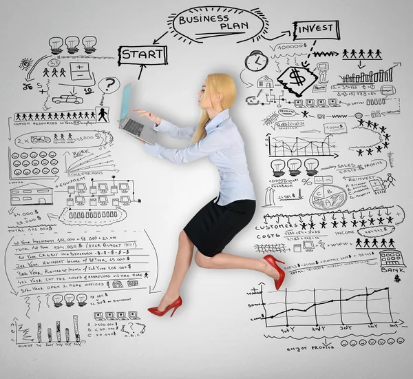 Donna che utilizza computer e business plan — Foto Stock