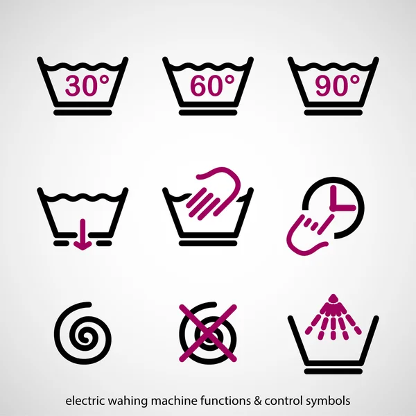 Electric washing machine functions & control symbols — Stock Vector