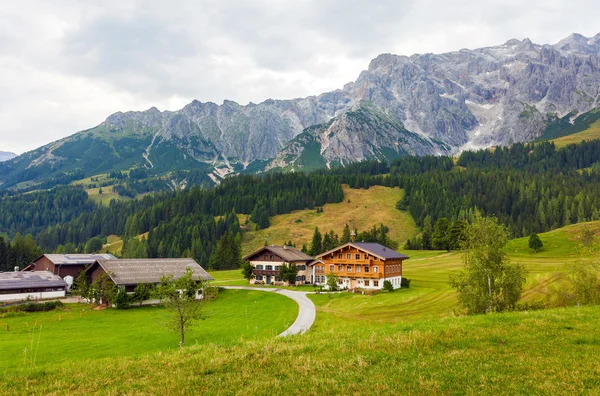 A beautiful view of the austrian alps with typical mountain hous — Stock Photo, Image