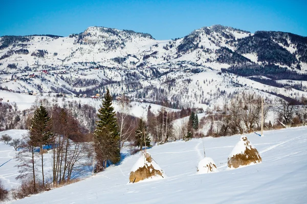 Tipica vista panoramica invernale con fienili — Foto Stock