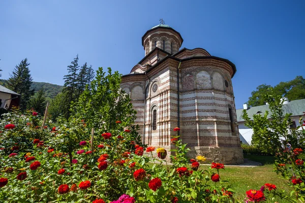 Cozia monastery church with red flowers on a sunny summer day — Stockfoto