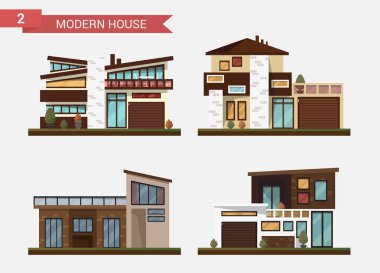Vektör düz şekilde geleneksel ve modern ev. Aile ev. Ofis Binası. Özel kaldırım, Bahçe garaj ile. Office mimarisi güzel bitkiler ve çalılar.