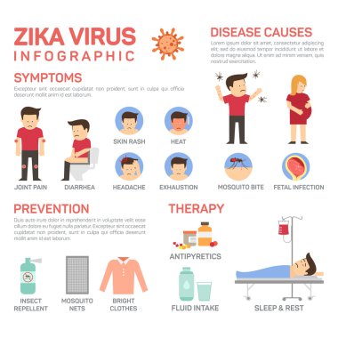 Vektör zika virüs infographics düz Illustration. Desease önlenmesi sinek ısırığı, fetal enfeksiyon., böcek kovucu, parlak kumaş gibi neden olur. Zika virüsü ve dang virüs Infographic.