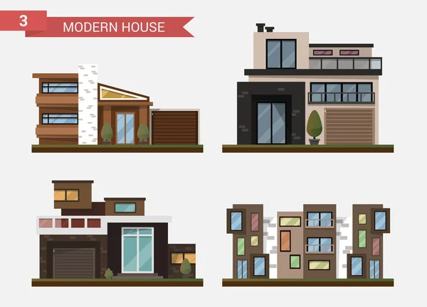 Illustration vectorielle plate maison traditionnelle et moderne. La maison familiale. Immeuble. Pavé privé, arrière-cour avec garage. Architecture de bureau avec de belles plantes et buissons . — Image vectorielle