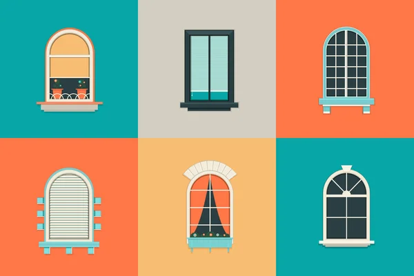 Vector flat set of icons for windows with pane. Rectangle and oval shape glass. Balcony with curtains, vase, shutter. New clean plastic arch. — Stock Vector