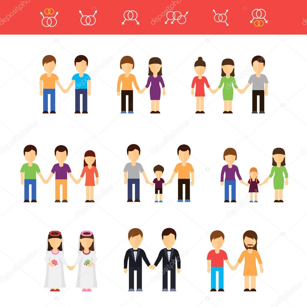 Vector flat illustration of same-sex couples male or female. Transgender partner, transgressive phenotype. Conception of freedom nontraditional homosexual lesbians partners and gays couples
