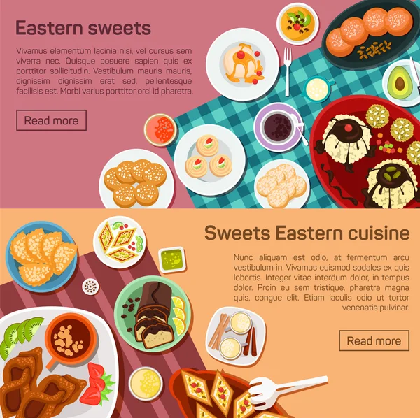 Illustrazione piatta vettoriale di piatti dolci orientali. Fuori spuntini gustosi — Vettoriale Stock