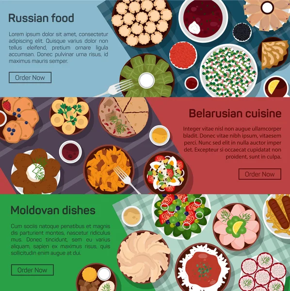 러시아, 벨라루스, 몰도바 molnational 요리 벡터 평면 그림. — 스톡 벡터